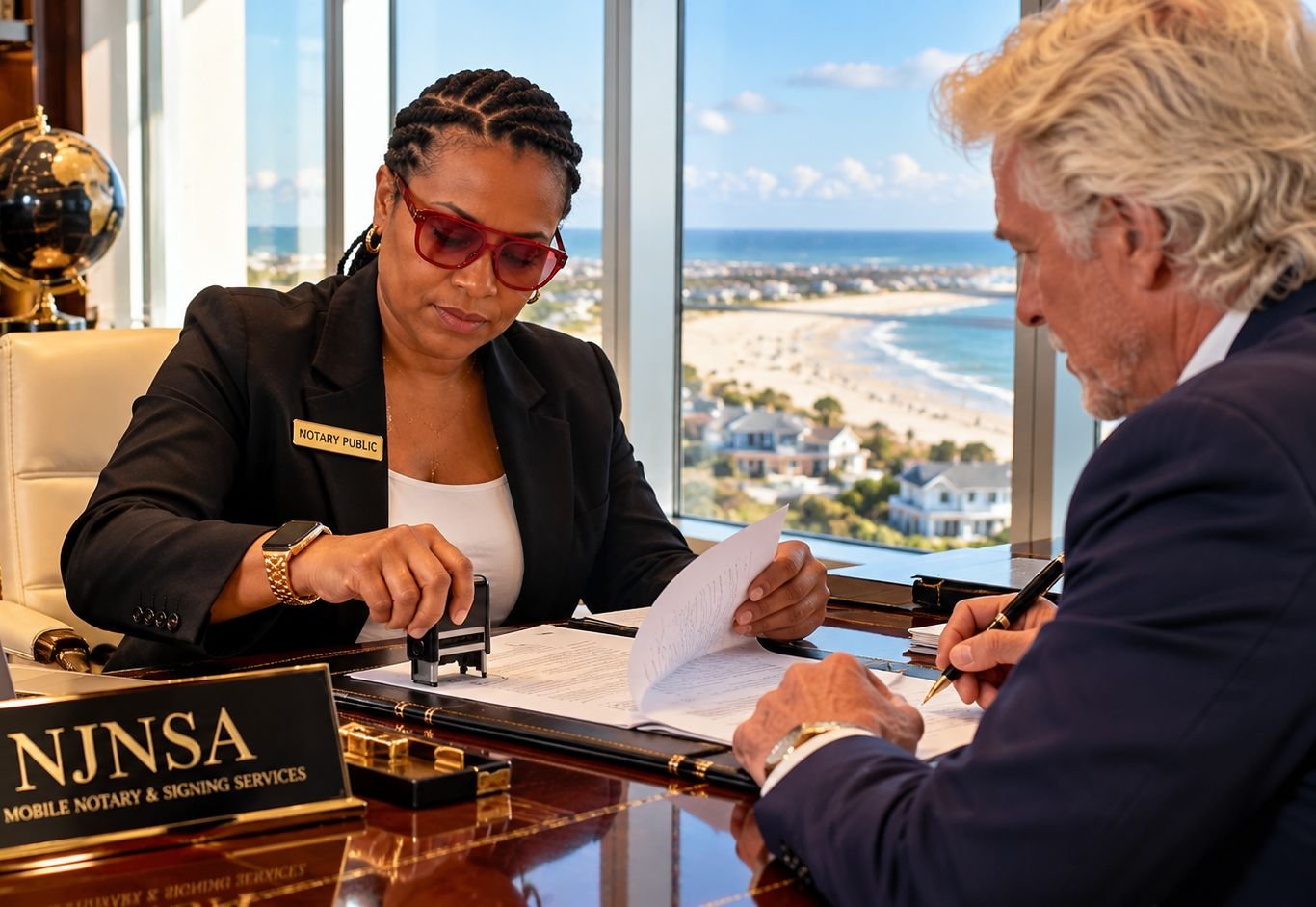NJNSA notary public stamping documents as a client signs